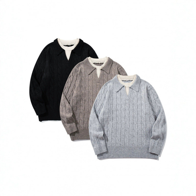 Men's chunky knit cable pattern sweater with polo collar and V-neck Mune Fashion