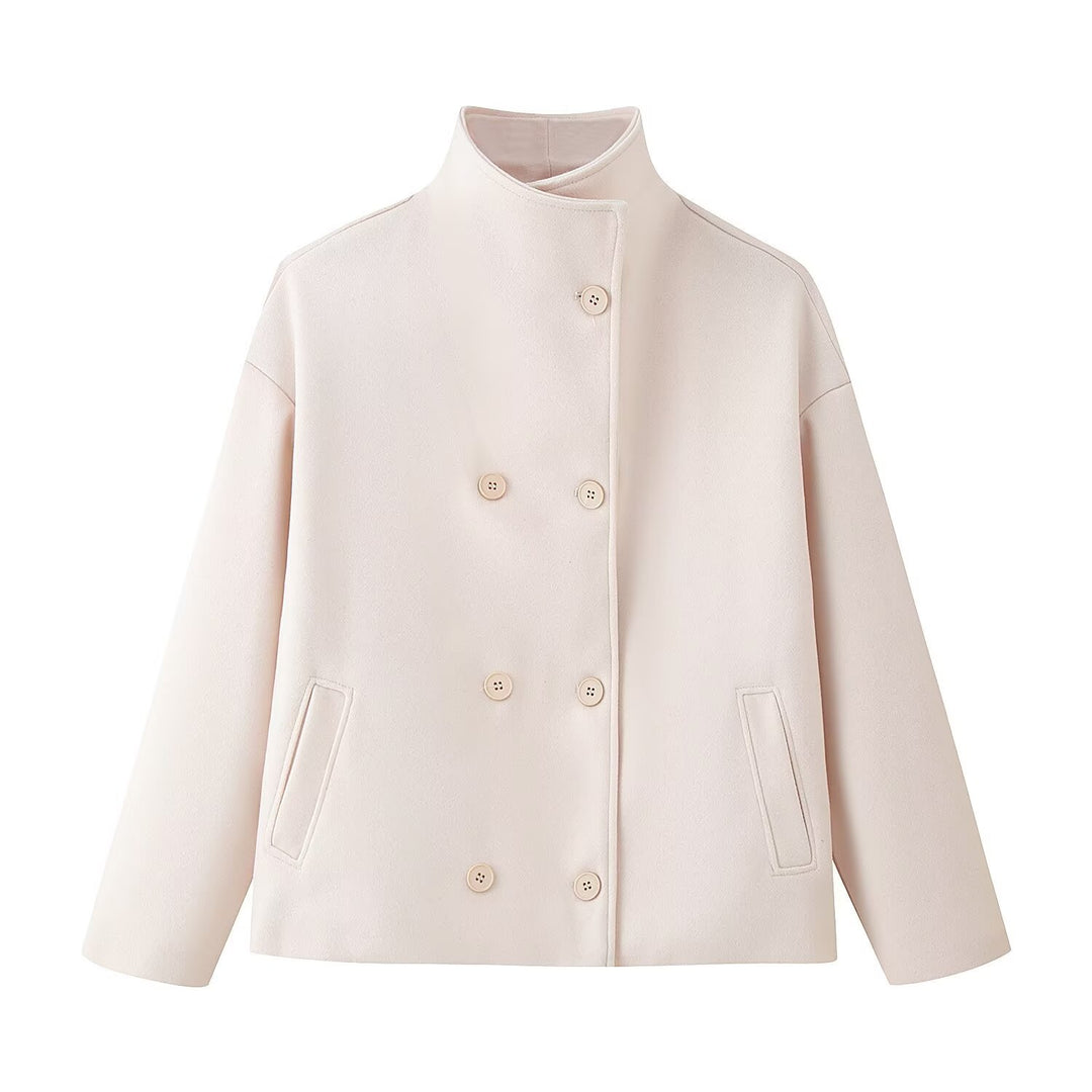 Women's Boxy Double-Breasted Short Coat made of Wool Blend with Stand-Up Collar Mune Fashion