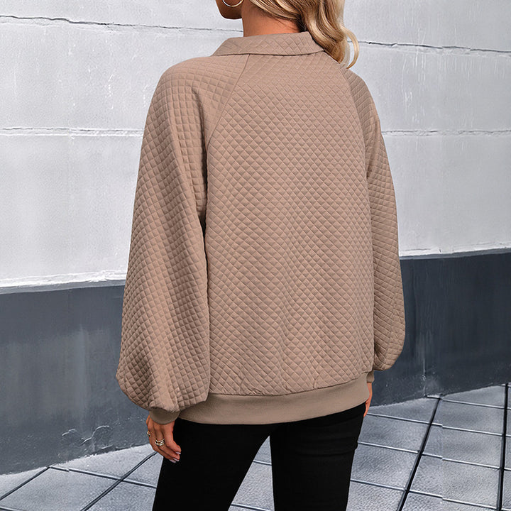 Women's Quilted Polo Sweatshirt with Button Placket, Kangaroo Pocket and Balloon Sleeves Mune Fashion