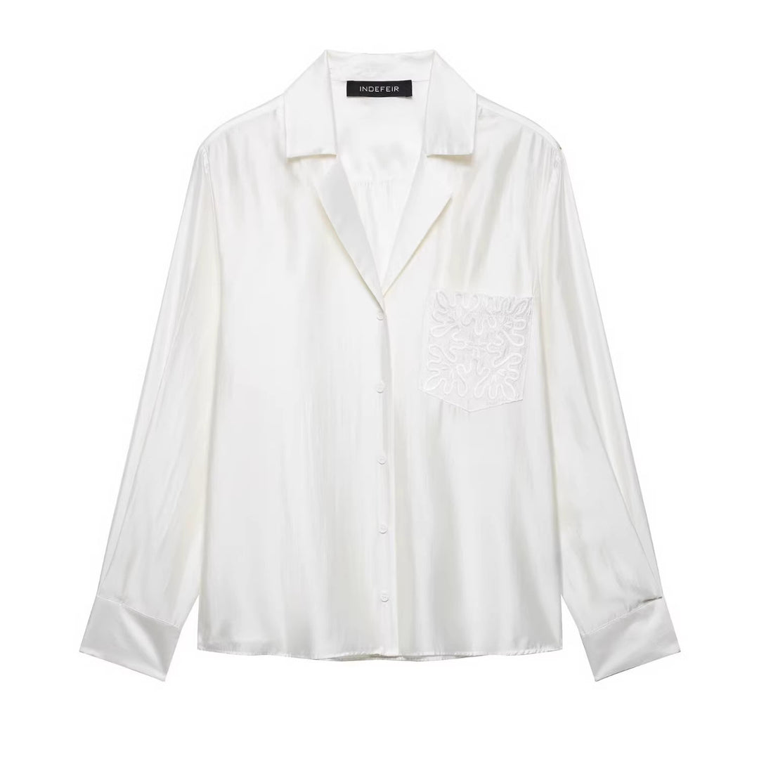 Women's Loose Satin Shirt with Notched Collar and Embroidered Chest Pocket Mune Fashion