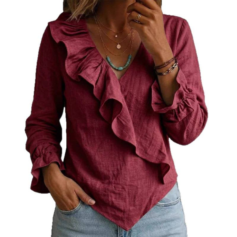 Women's Ruffle Blouse in Linen Look with Wrap Effect and Asymmetric Hem Mune Fashion