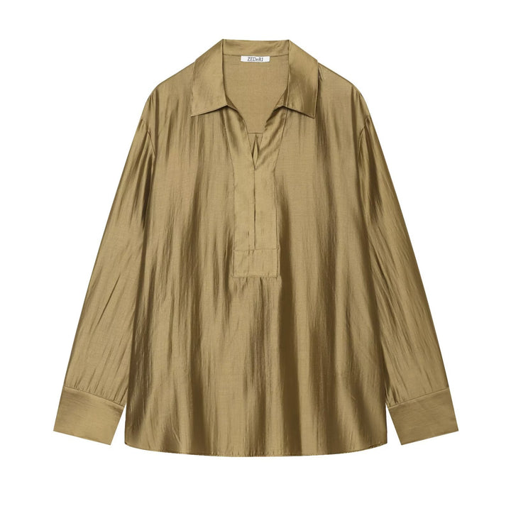 Ladies Oversize Tunic Blouse made of shimmering crepe look with shirt collar and V-neck Drune