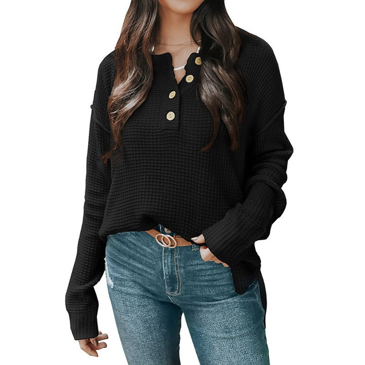 Women's Relaxed Waffle Texture Henley Pullover with Button Placket and Dropped Shoulder Mune Fashion