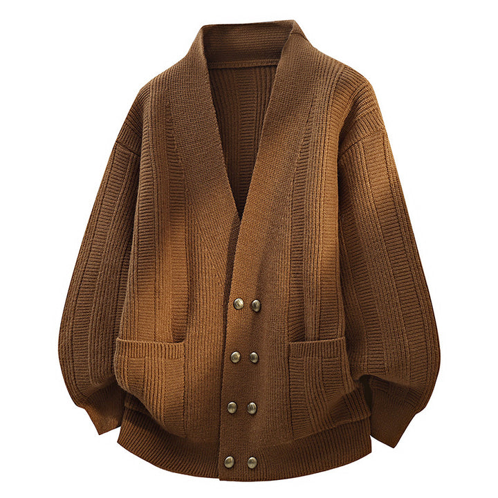 Women's Oversized Knit Cardigan with Shawl Collar, Double-Breasted Button Placket & Pockets Mune Fashion