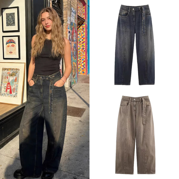 Women's wide high-waisted culotte pants with decorative seams, patch pockets and tie belt Mune Fashion