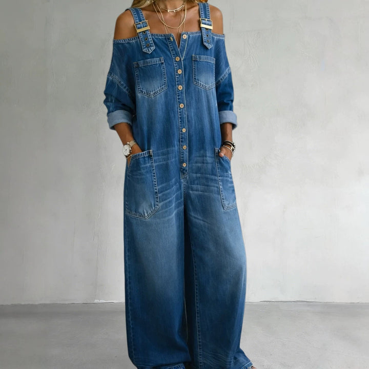 Women's Stylish Denim Overall with Off-Shoulder Design