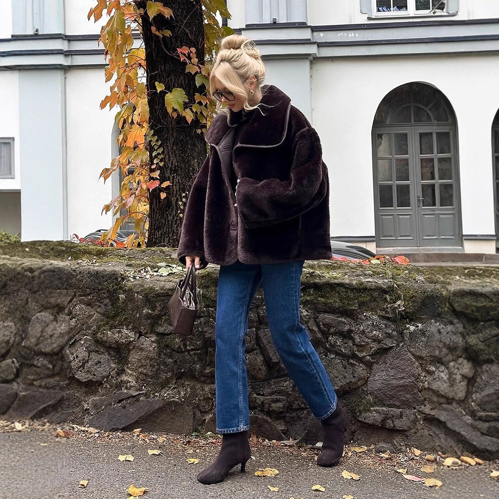 Women's Boxy Faux Fur Jacket with Voluminous Shawl Collar and Boxy Silhouette Mune Fashion