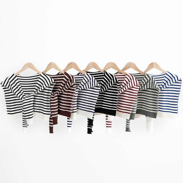 Women's Short Knitted Shoulder Cape to Tie Striped Fine Knit Wrap Stole Mune Fashion