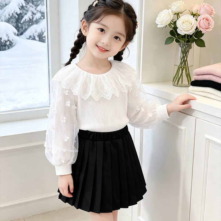 Girl's blouse with floral lace sleeves and ruffle trim Mune Fashion