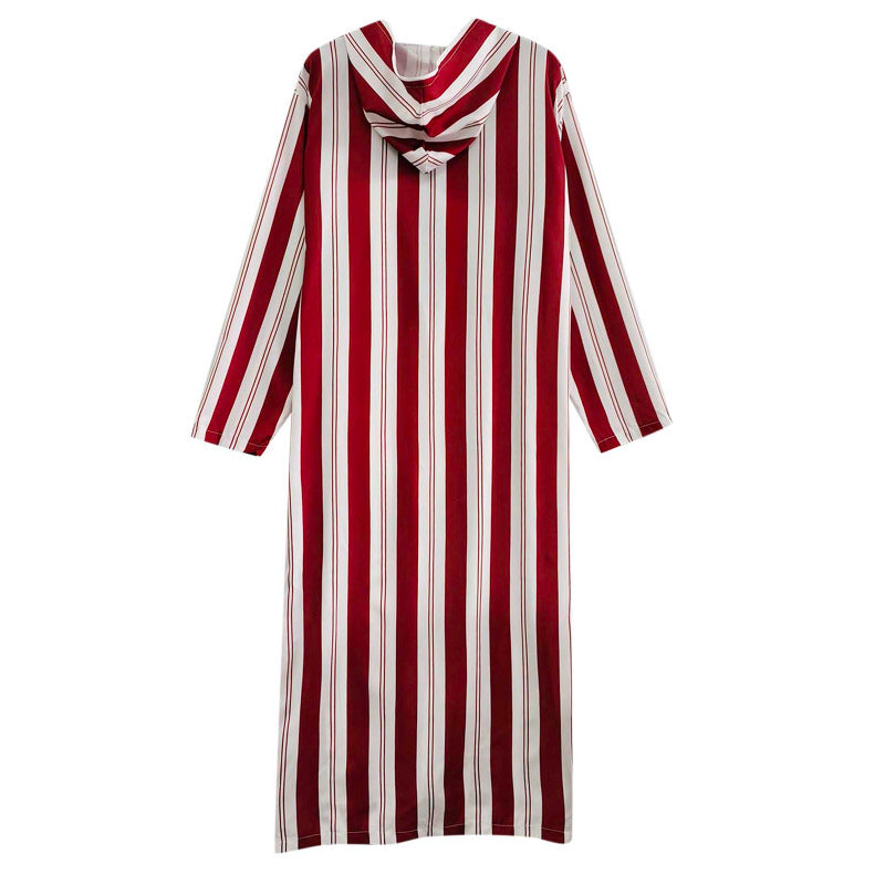 Ladies long hooded shirt dress with front zipper and vertical stripe pattern Mune Fashion
