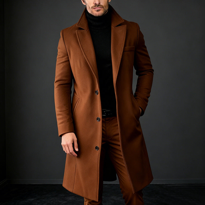 Men's Elegant Single-Breasted Long Coat Made of Wool Blend with Slim Silhouette and Lapel Collar Mune Fashion
