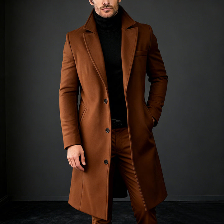 Men's Elegant Single-Breasted Long Coat Made of Wool Blend with Slim Silhouette and Lapel Collar Mune Fashion