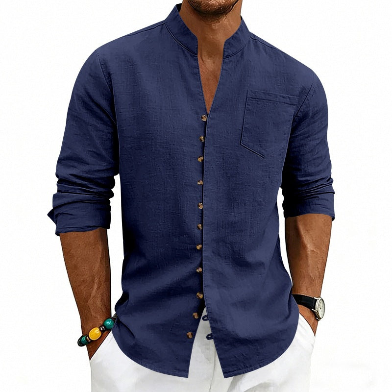 Men's shirt with stand-up collar and asymmetrical button placket made of linen mix Mune Fashion