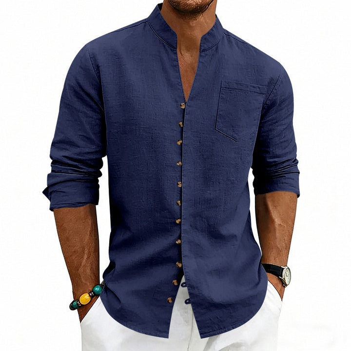 Men's shirt with stand-up collar and asymmetrical button placket made of linen mix Mune Fashion
