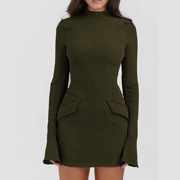 Women's fitted mini dress with stand-up collar, bell sleeves, and peplum detail Mune Fashion
