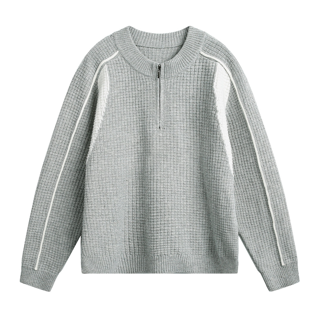 Men's Chunky Knit Waffle Sweater with Half Zip and Contrast Yoke Mune Fashion