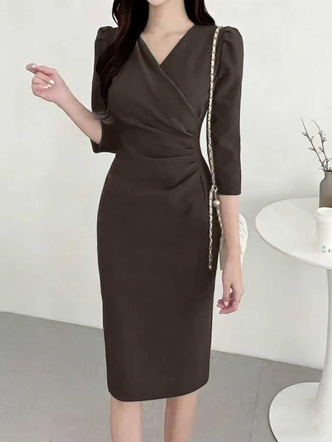 Women's Elegant Tailored Draped Bodycon Dress with Asymmetrical Wrap Look and 3/4 Sleeves Drune
