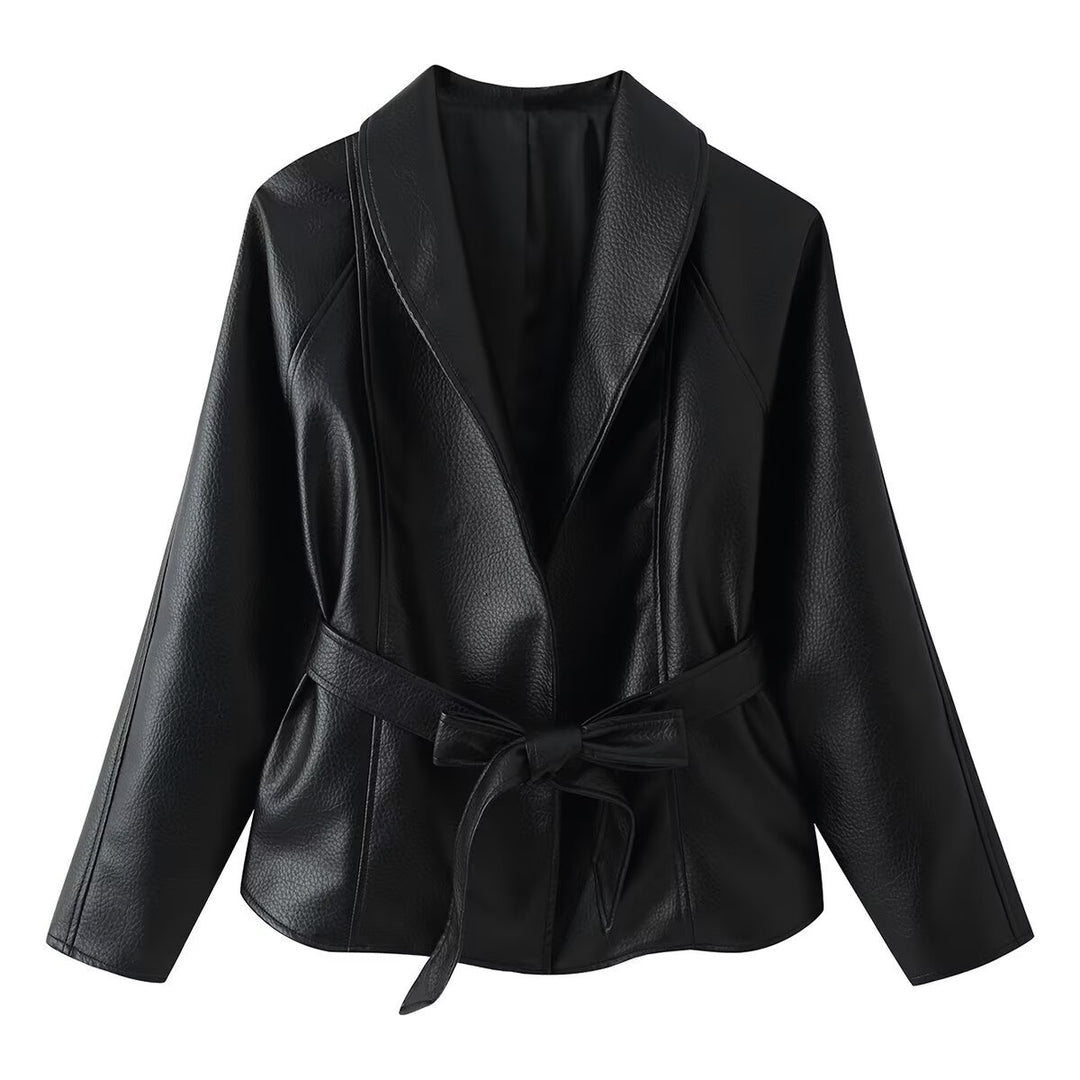 Women Tailored Faux Leather Jacket with Shawl Collar and Tied Belt Drune