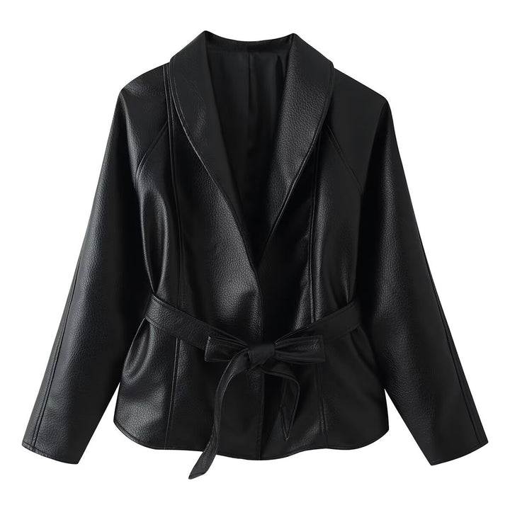 Women Tailored Faux Leather Jacket with Shawl Collar and Tied Belt Drune