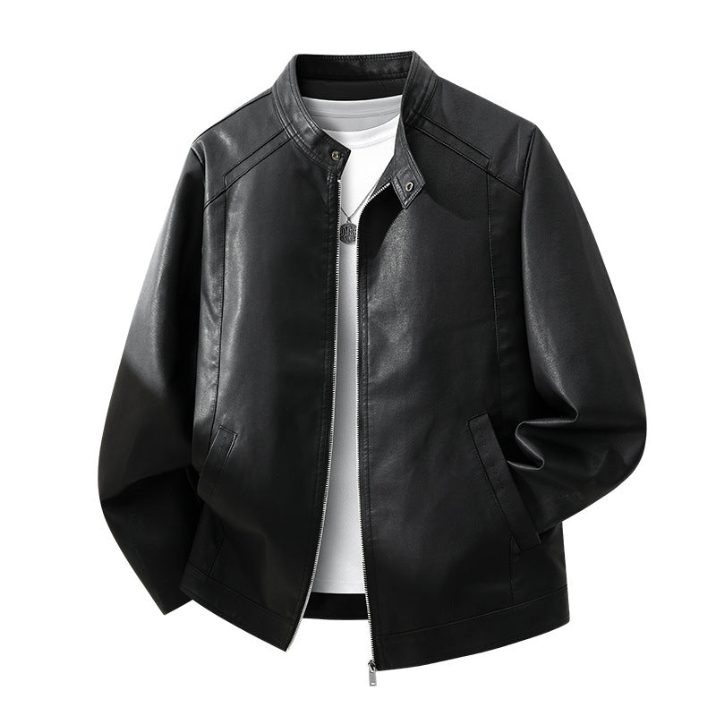 Men's Simple Faux Leather City Jacket with Stand Collar, Two-Way Zipper & Side Pockets Mune Fashion