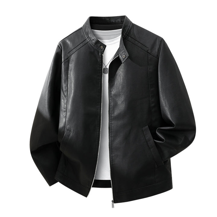 Men's Simple Faux Leather City Jacket with Stand Collar, Two-Way Zipper & Side Pockets Mune Fashion