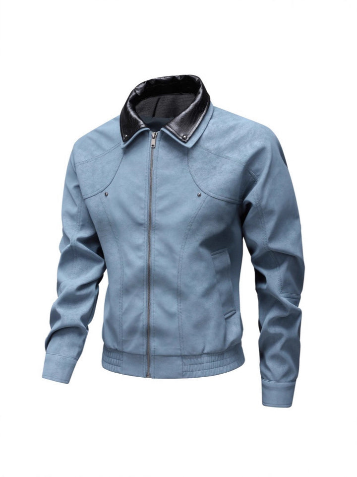 Men's Vintage-inspired Faux Leather Blouson Jacket with Contrast Collar Mune Fashion
