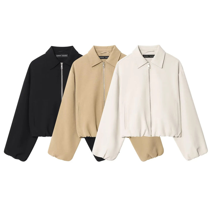 Women's cropped blouson jacket with shirt collar, concealed metal zipper, and elastic hem Mune Fashion