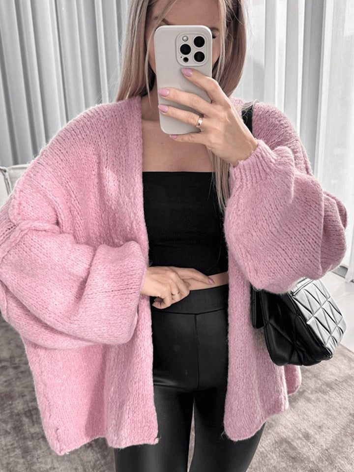 Women's Oversize Knit Cardigan with Voluminous Balloon Sleeves and Teddy-like Texture Mune Fashion