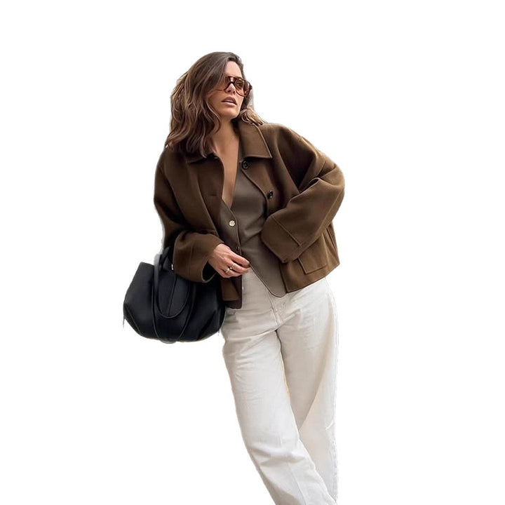 Women Short Wool Blend Blazer with Boxy Silhouette and Extra Long Sleeves Mune Fashion