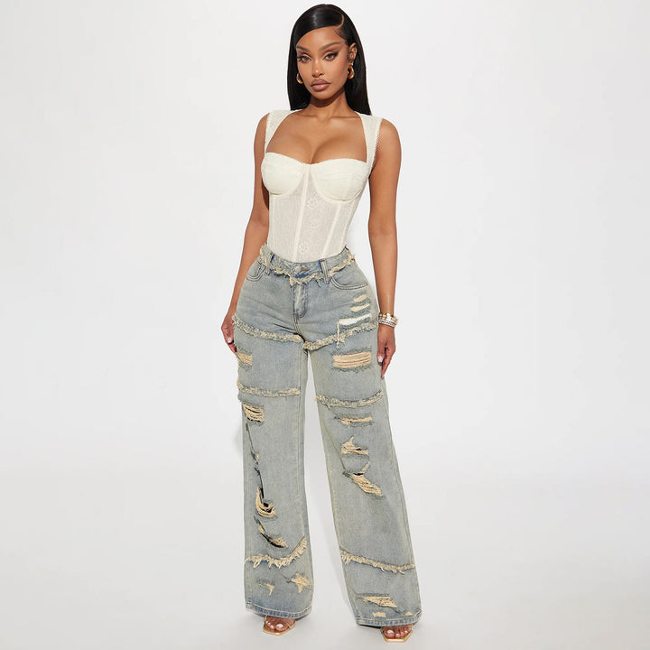 Women High Waisted Oversized Jeans with Wide Leg and Frayed Rips Mune Fashion