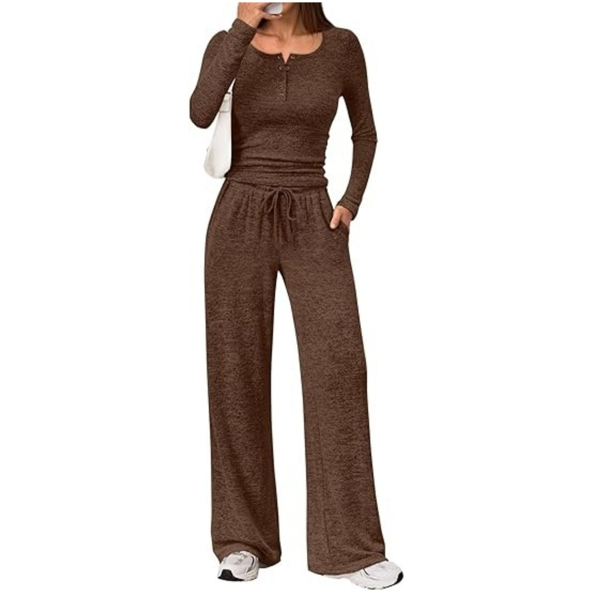 Women's Two-Piece Fine Knit Lounge Set with Henley Top and Palazzo Pants Mune Fashion