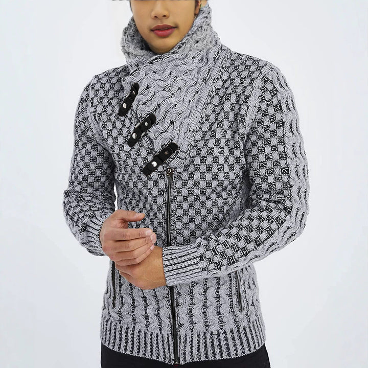Men's chunky knit cardigan with asymmetric wrap collar and zipper Mune Fashion