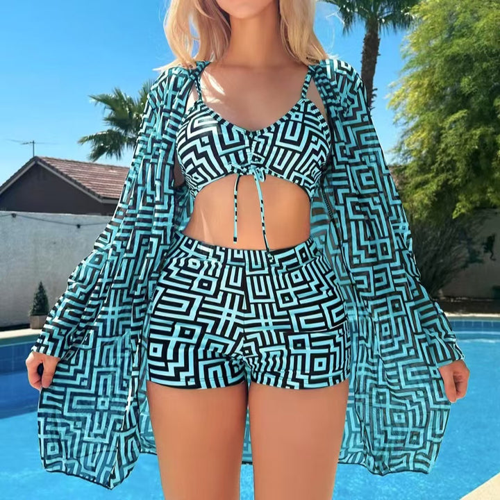 Women's stylish bikini set with geometric patterns and transparent beach jacket Mune Fashion