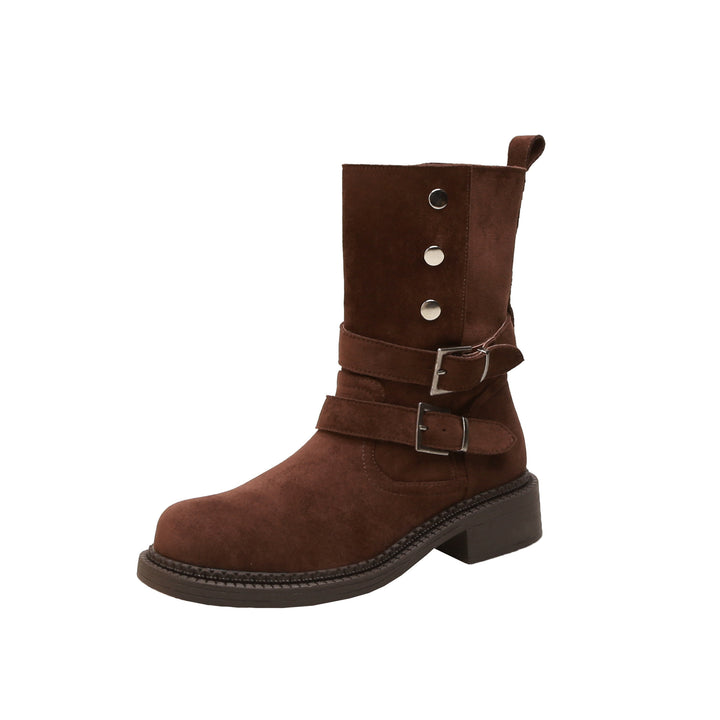 Women's Short Shaft Biker Boot made of Suede with Adjustable Buckles and Distinctive Block Heel Mune Fashion