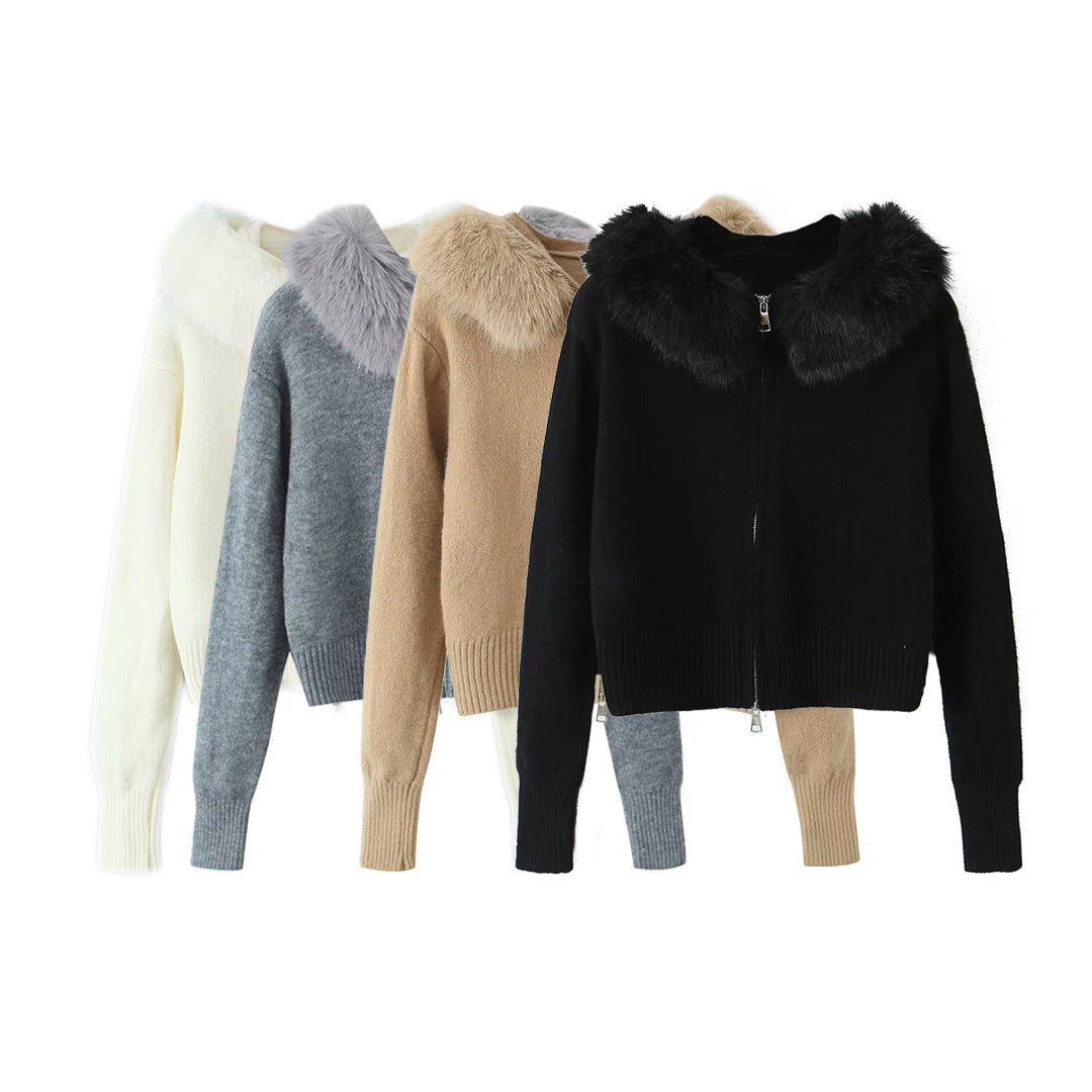 Women Short-Cut Knit Jacket with Zipper and Removable Faux Fur Collar Mune Fashion
