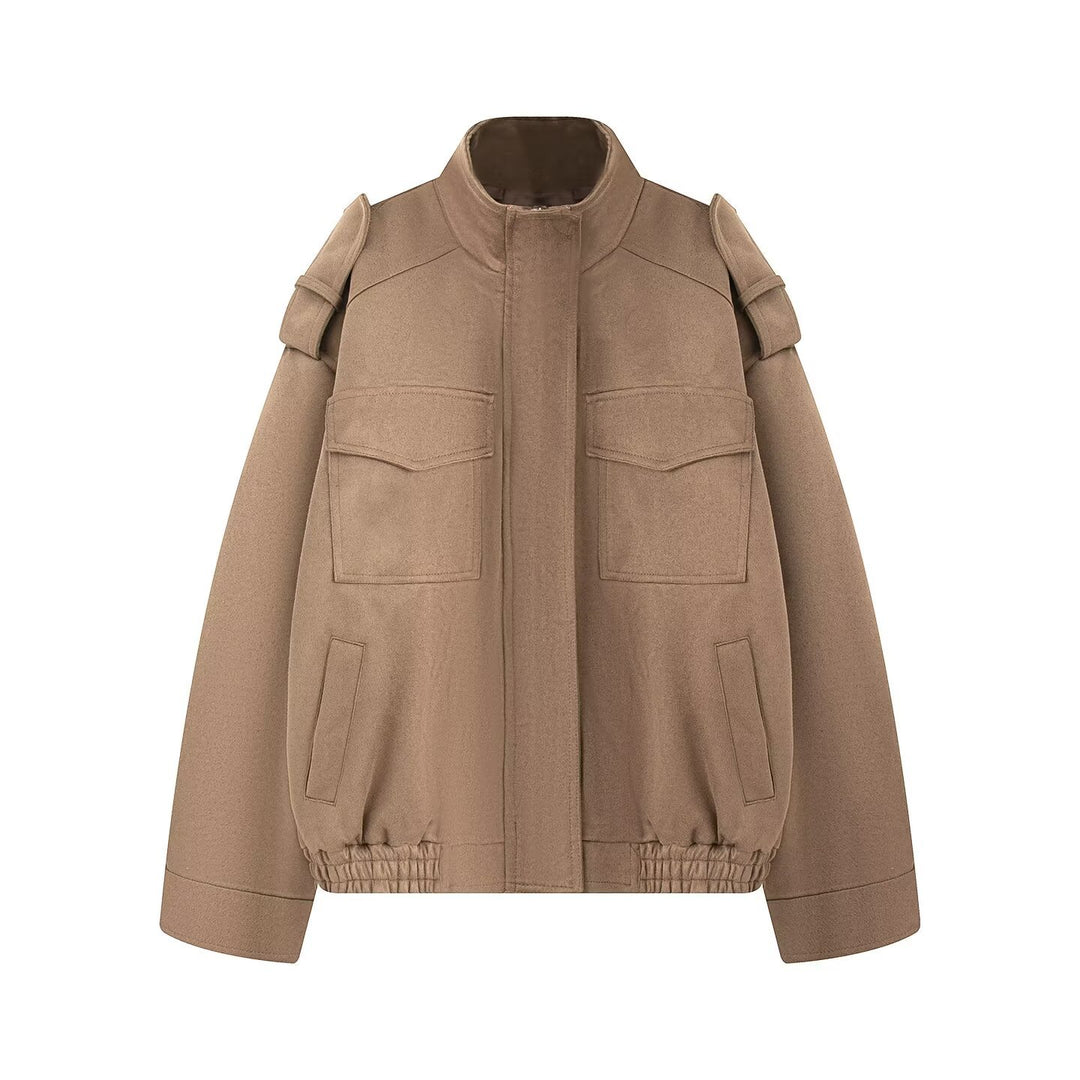 Ladies wool blend blouson with shoulder epaulettes, patch breast pockets and elastic hem Mune Fashion
