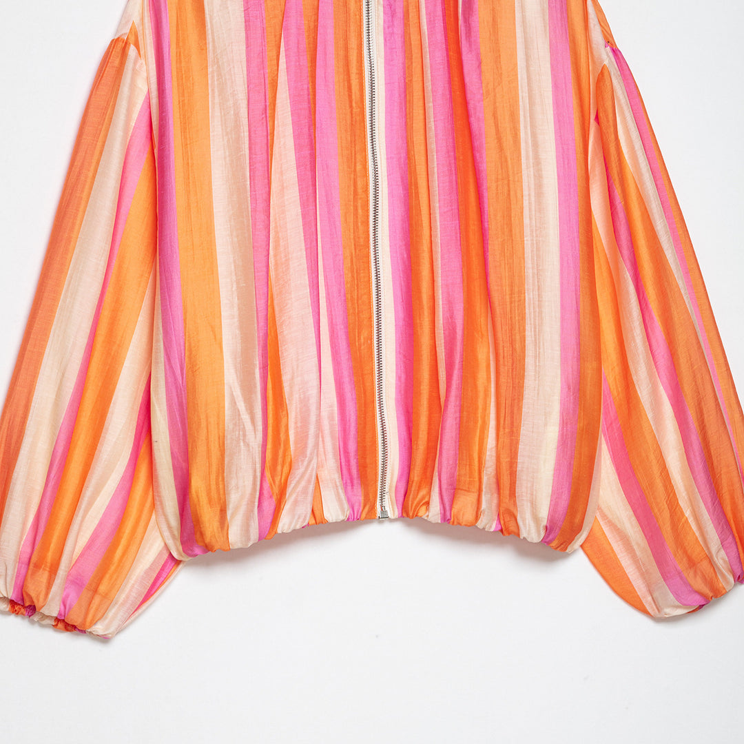 Women Striped Cropped Bomber Jacket with Balloon Sleeves Mune Fashion