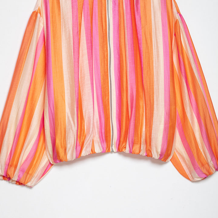 Women Striped Cropped Bomber Jacket with Balloon Sleeves Mune Fashion