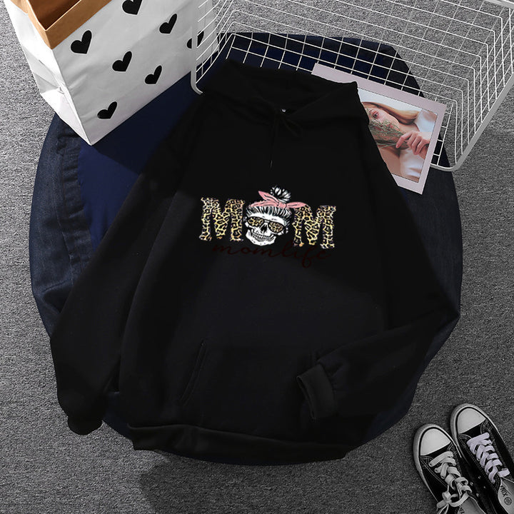 Women Hooded Sweatshirt with "Momlife" Skull Print, Kangaroo Pocket, Soft Fleece Lining and Loose Oversized Fit Mune Fashion