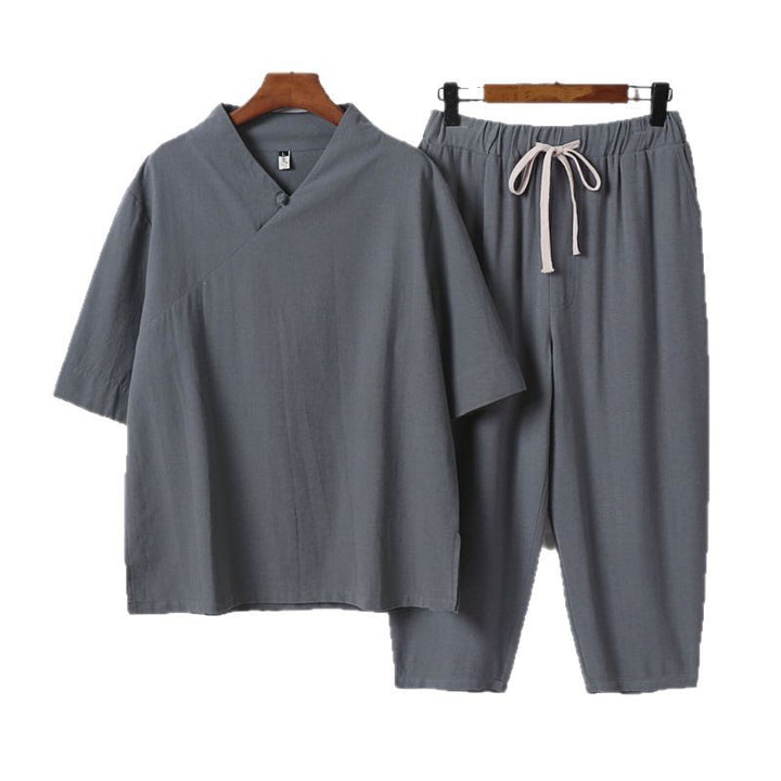 Men's Breathable Linen-Cotton Lounge Set with Asymmetrical V-Neck and Elastic Cord Pants Mune Fashion