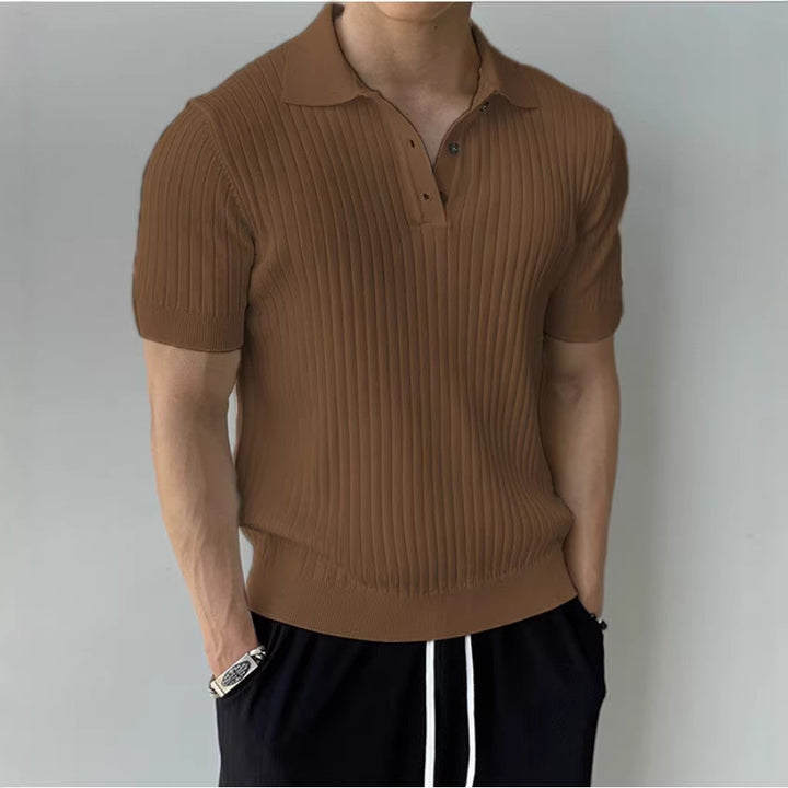Men's Elegant Short Sleeve Knitted Polo Shirt with Ribbed Structure Mune Fashion