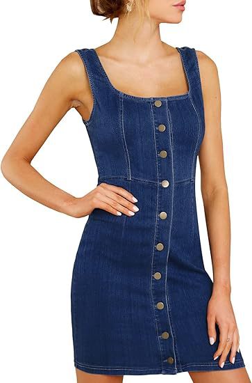 Women's Fitted Denim Dress with Full Button Placket and Square Neckline Mune Fashion