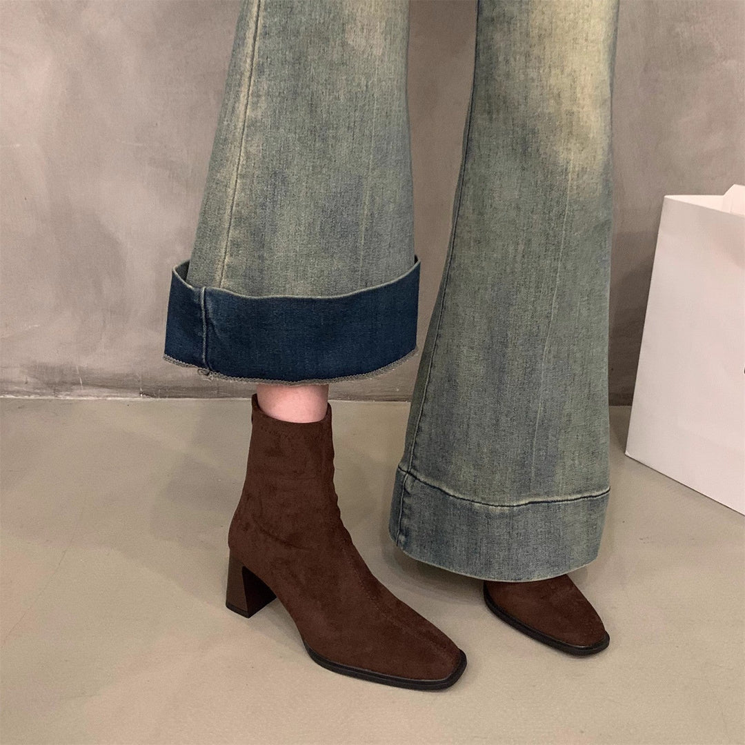 Femme Stylish Suede Ankle Boots with Block Heels Mune