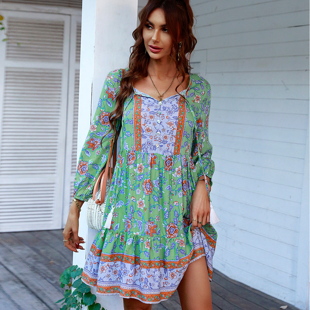 Women's Boho Flower Mini Dress with V-Neck, Tassel Tie Belt and Tiered Ruffle Skirt Mune Fashion