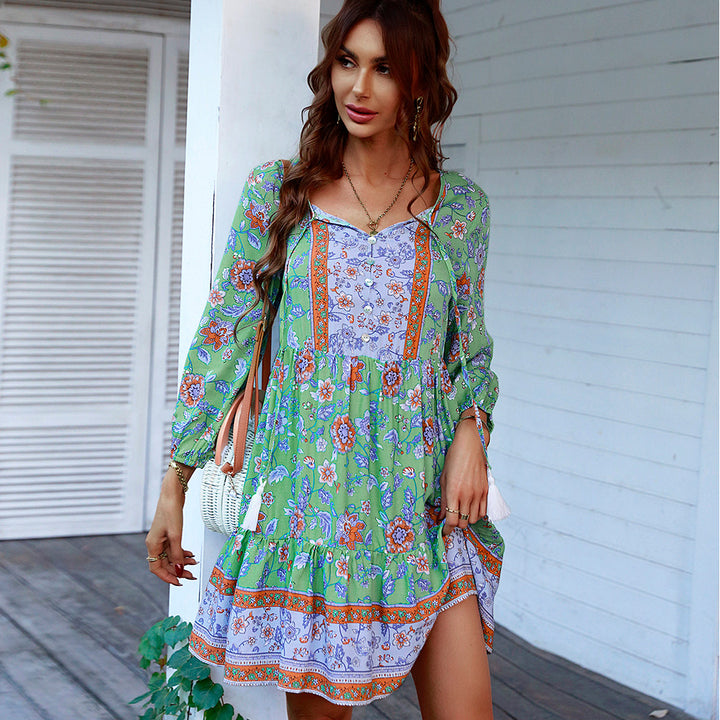 Women's Boho Flower Mini Dress with V-Neck, Tassel Tie Belt and Tiered Ruffle Skirt Mune Fashion