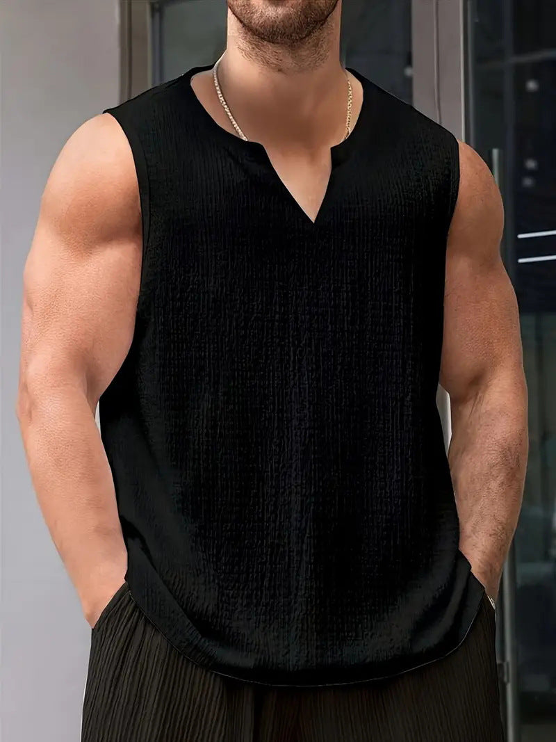 Men's casual crinkle cotton top with notch neckline and rounded hem Mune Fashion