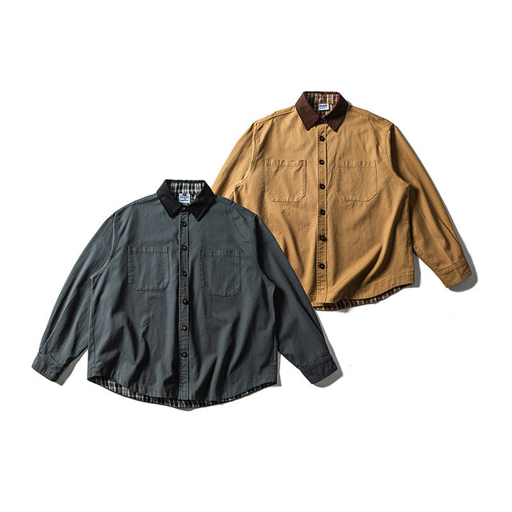 Unisex Oversize Shirt Jacket with Contrast Collar and Checked Lining Mune Fashion
