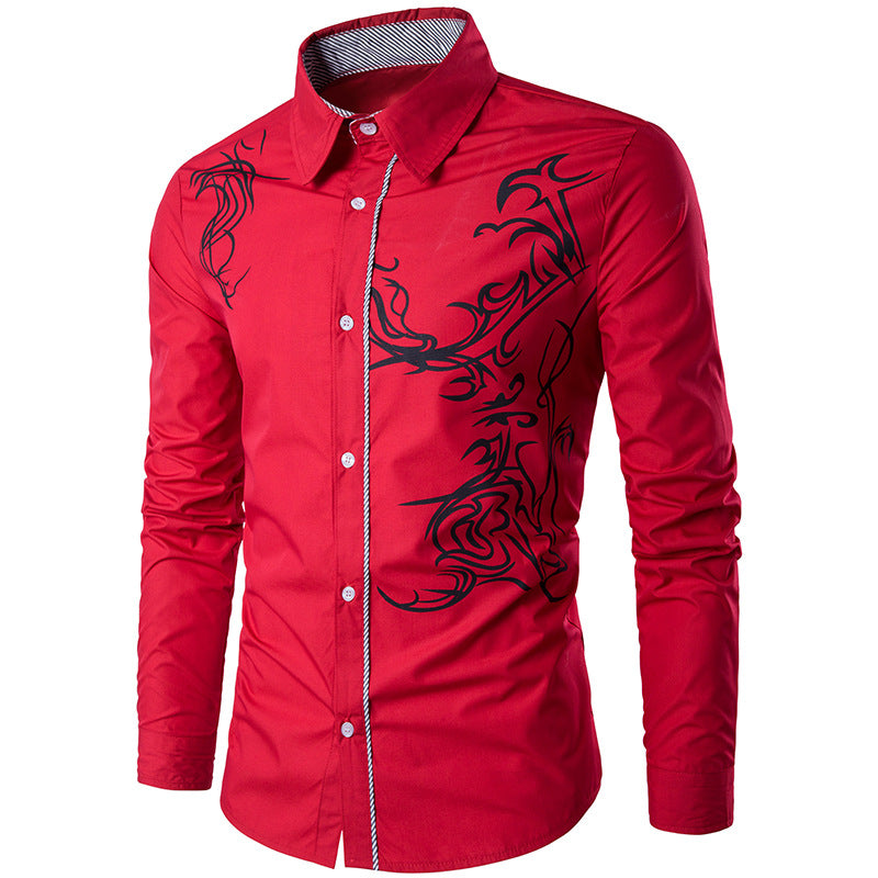Men's fitted shirt with tribal print, concealed button placket, and contrast collar Mune Fashion