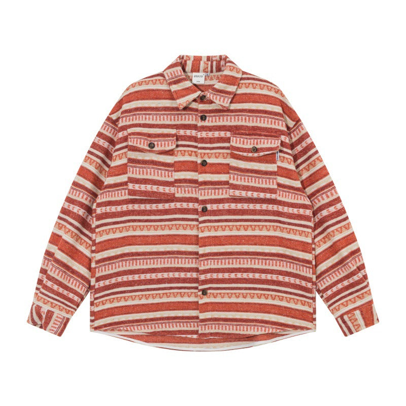 Unisex Oversize Knit Shirt Jacket in Ethnic Stripe Pattern with Flap Pockets Mune Fashion