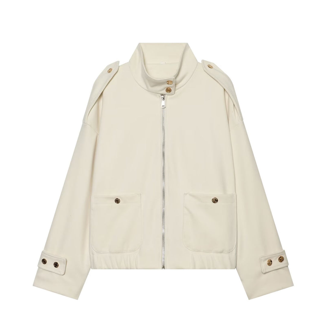 Women Cropped Utility Jacket with high collar, shoulder epaulettes and flap pockets